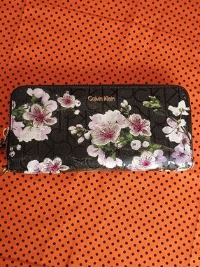 Calvin Klein Black Floral Zip-Around Wallet with Gold Logo